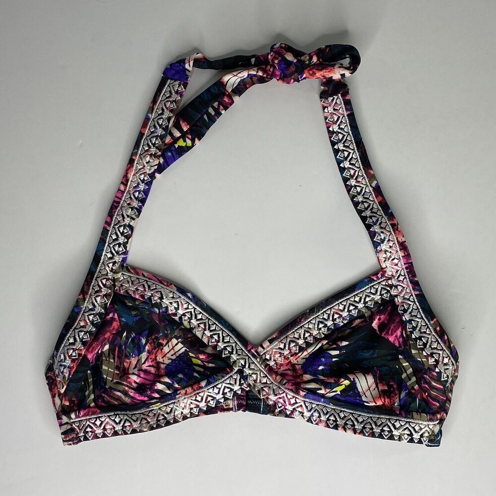 Pink Floral Bikini Top Sz S AA-C Victorias Secret Halter Embroidered Watercolor - Picture 13 of 14